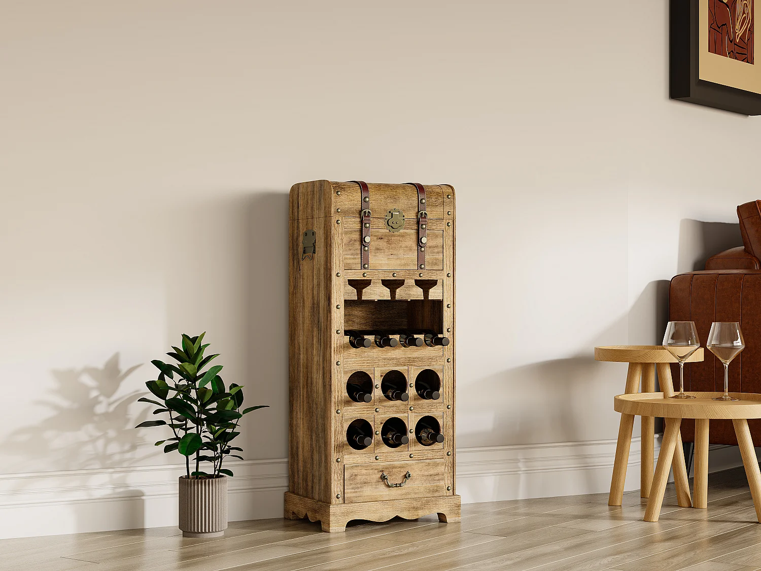 Mueble botellero con baúl de madera de abeto y MDF - L.43 x Alt. .100 cm - Natural - CAVINA