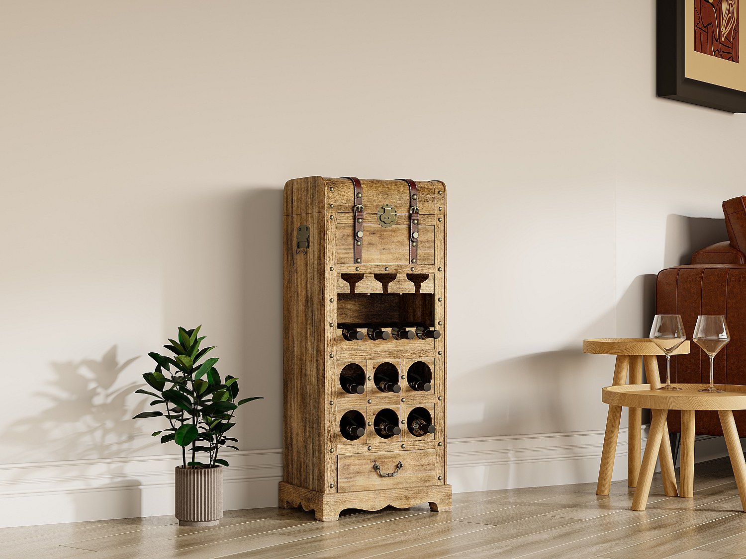 Flaschenregal mit Truhe - Tannenholz & MDF - 43 x 100 cm - Holzfarben - CAVINA