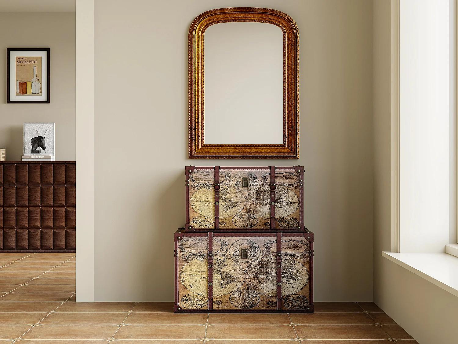 Lote de 2 baúles de madera con mapamundi - L. 69 x An. 43 x Al. 40 cm y L. 59 x An. 36 x Al. 33 cm - Marrón - AVENTURA