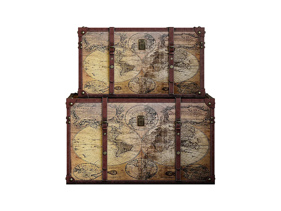 Set van 2 houten koffers met wereldkaart - L69 x D43 x H40 cm en L59 x D36 x H33 cm - Bruin - AVENTURA