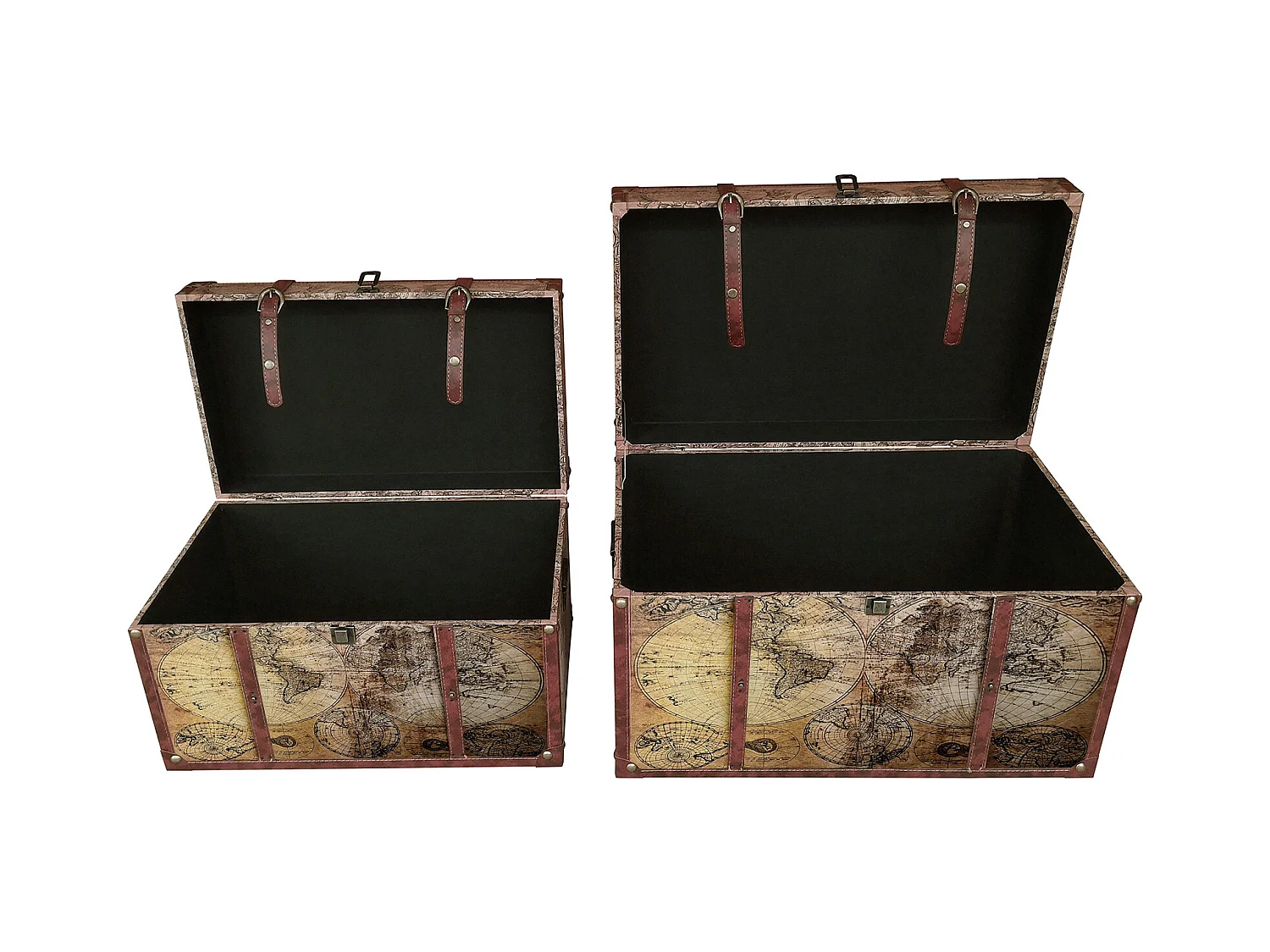 Set van 2 houten koffers met wereldkaart - L69 x D43 x H40 cm en L59 x D36 x H33 cm - Bruin - AVENTURA