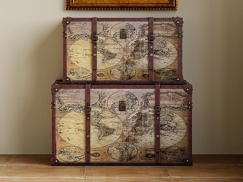 Lot de 2 malles en bois motif carte du monde - L. 69 x P. 43 x H. 40 cm et L. 59 x P. 36 x H. 33 cm - Marron - AVENTURA