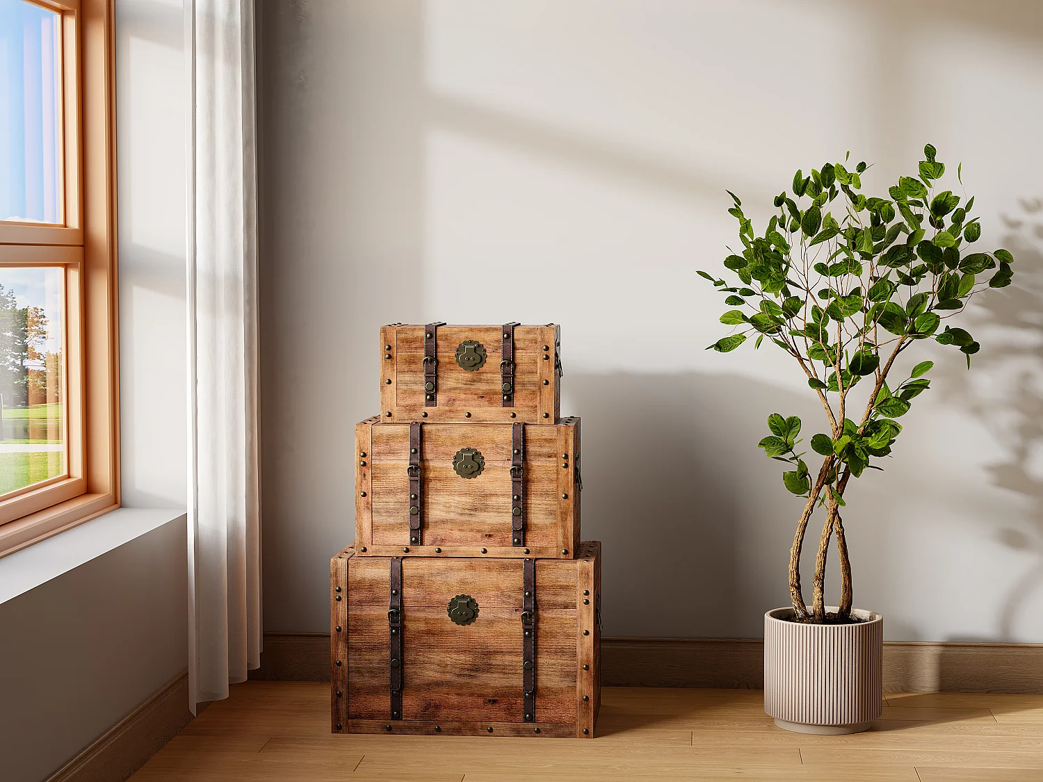 Lot de 3 malles en bois de sapin et MDF - 3 tailles - Naturel - ESPARTA