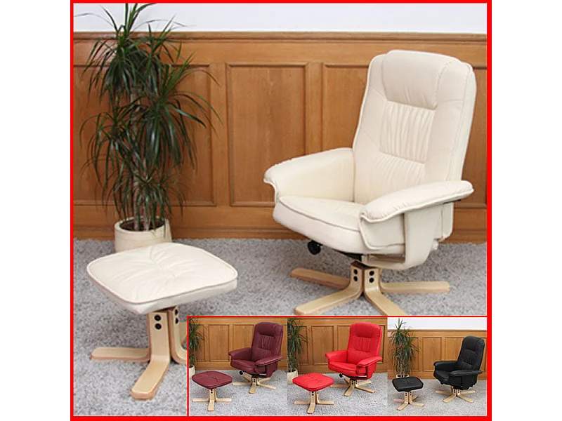 Fauteuil relax H56 avec pouf, Fauteuil relax /de relaxation M56 avec pouf, simili-cuir, crème