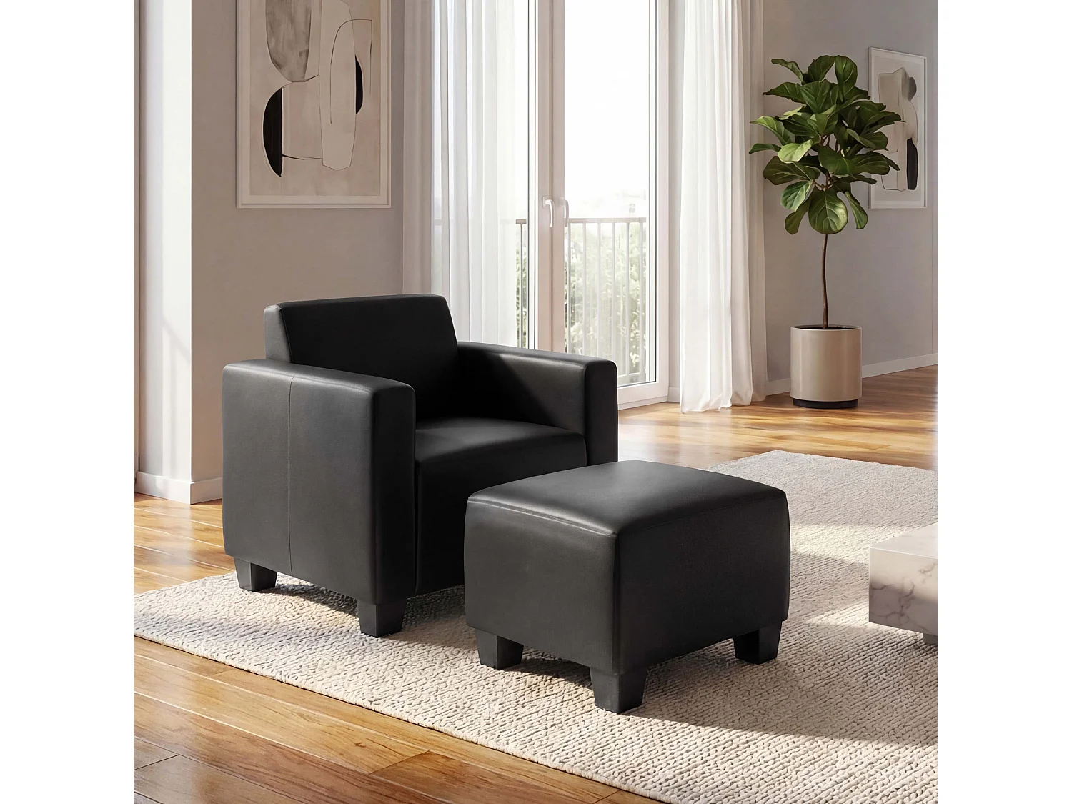 Salotto modulare componibile lounge moderno Lione N71 ecopelle poltrona con poggiapiedi ~ nero