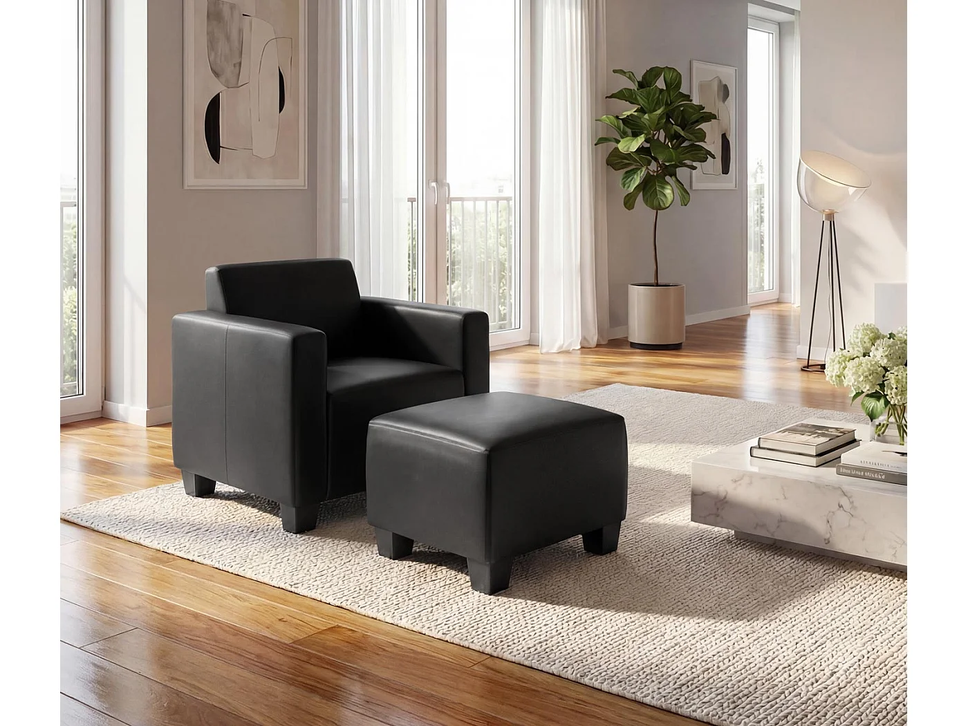 Salotto modulare componibile lounge moderno Lione N71 ecopelle poltrona con poggiapiedi ~ nero