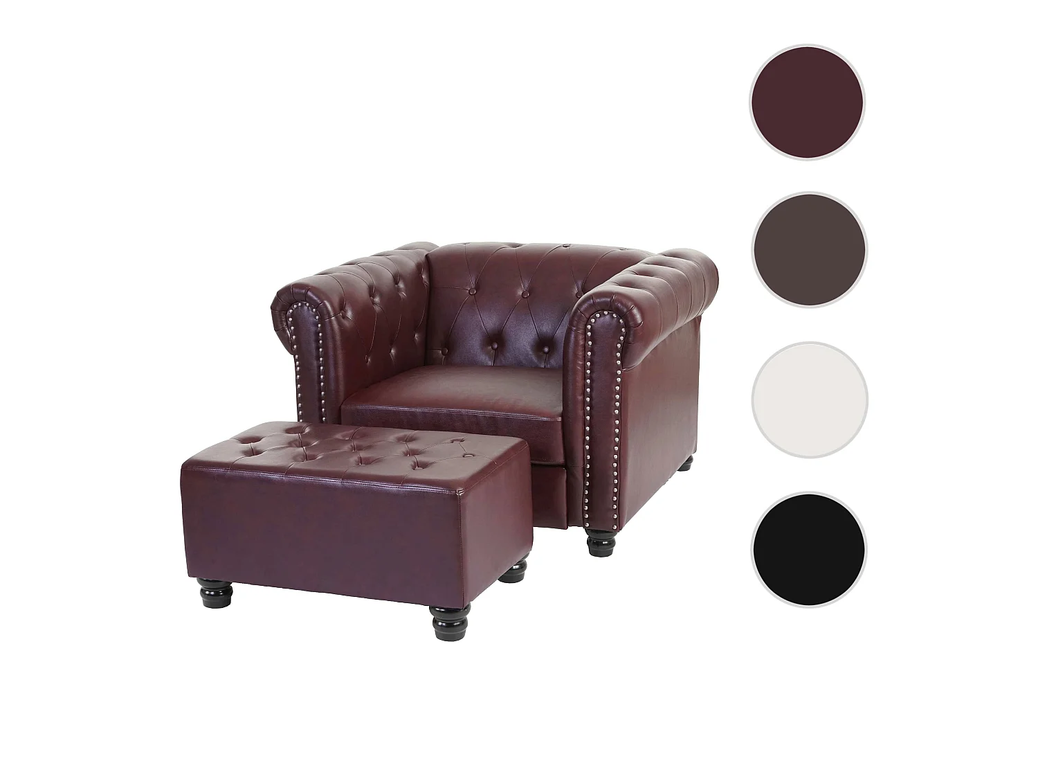 Relaxfauteuil Edinburgh ronde poten,  ronde poten, roodbruin met voetenbankje