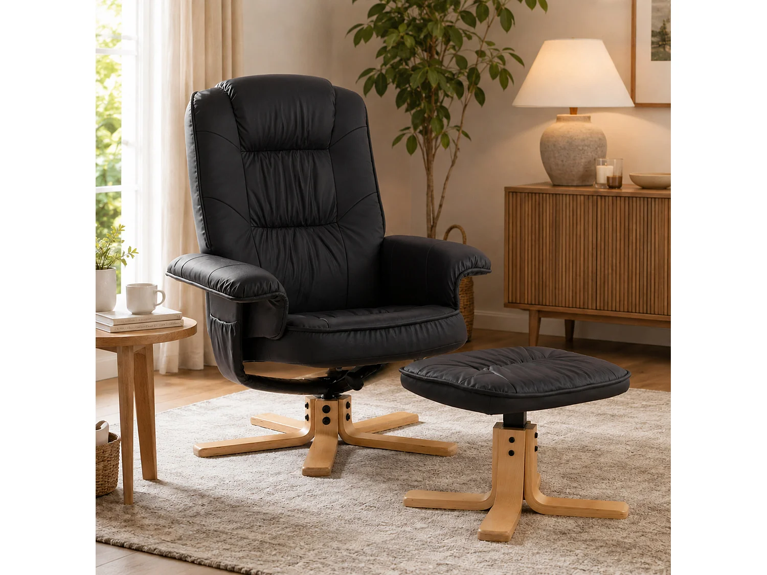 Relaxsessel H56 mit Hocker, Schwarz