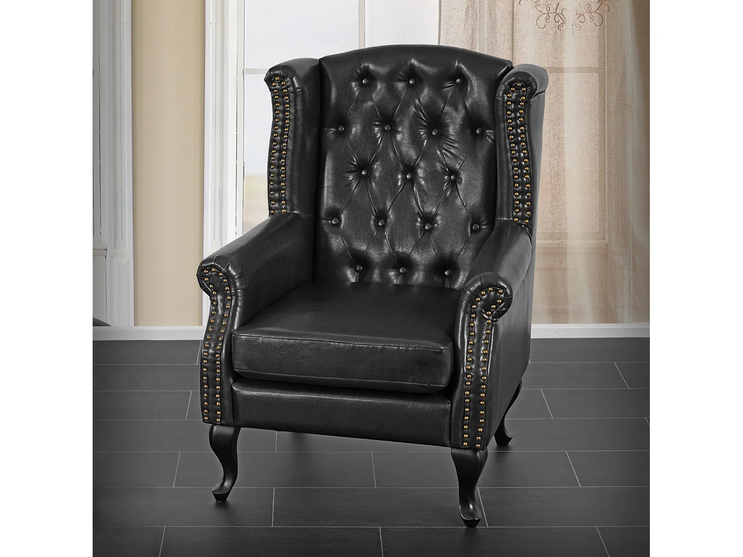 Poltrona stile vittoriano Chesterfield ecopelle ~ nero senza poggiapiedi