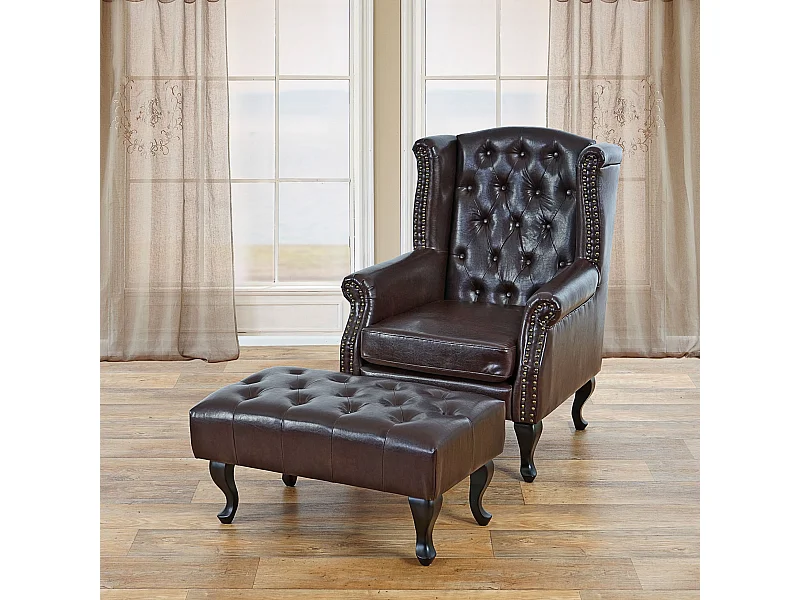 Relaxfauteuil Oxford,  antiek-bruin met poef