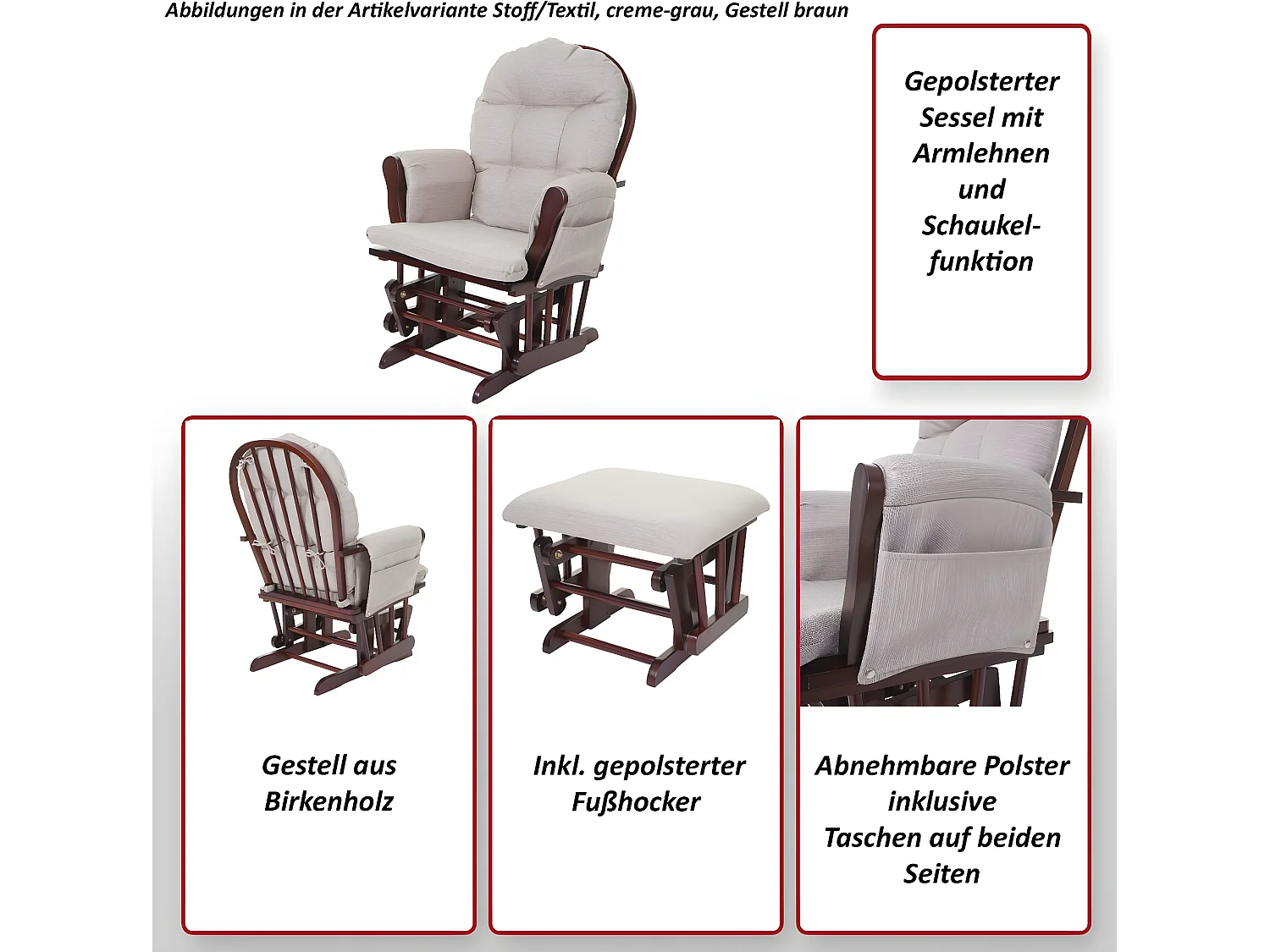 Fauteuil relax MCW-C76 Fauteuil oscillant,  crème-gris