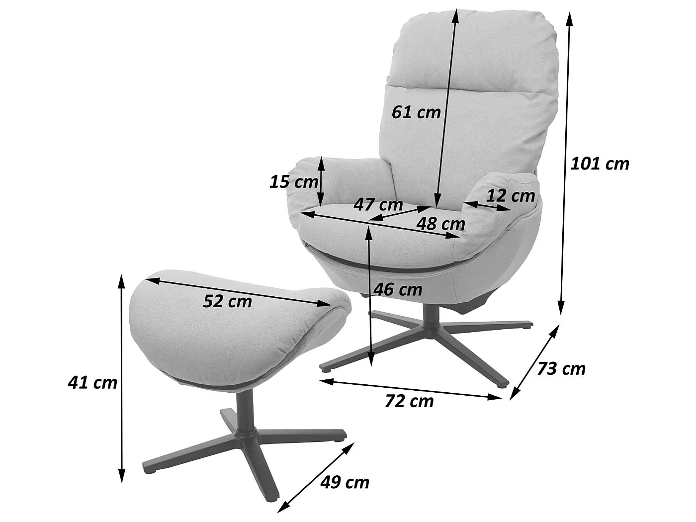 Fauteuil relax + pouf MCW-L12 pivotant,  gris clair
