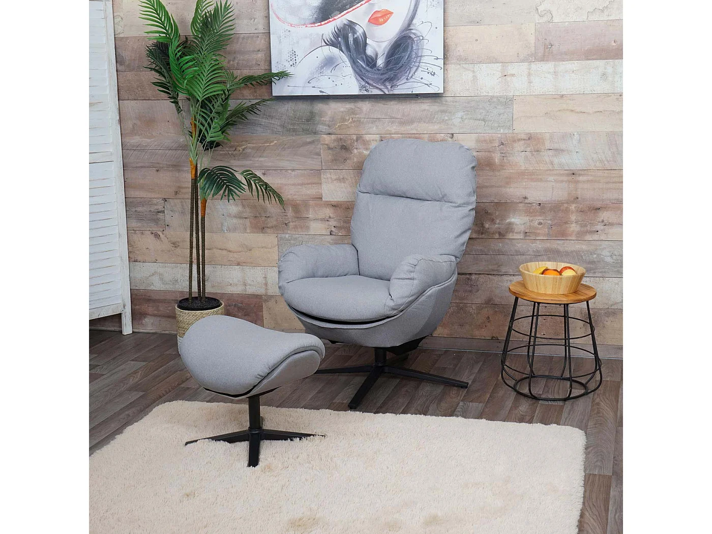 Fauteuil relax + pouf MCW-L12 pivotant,  gris clair