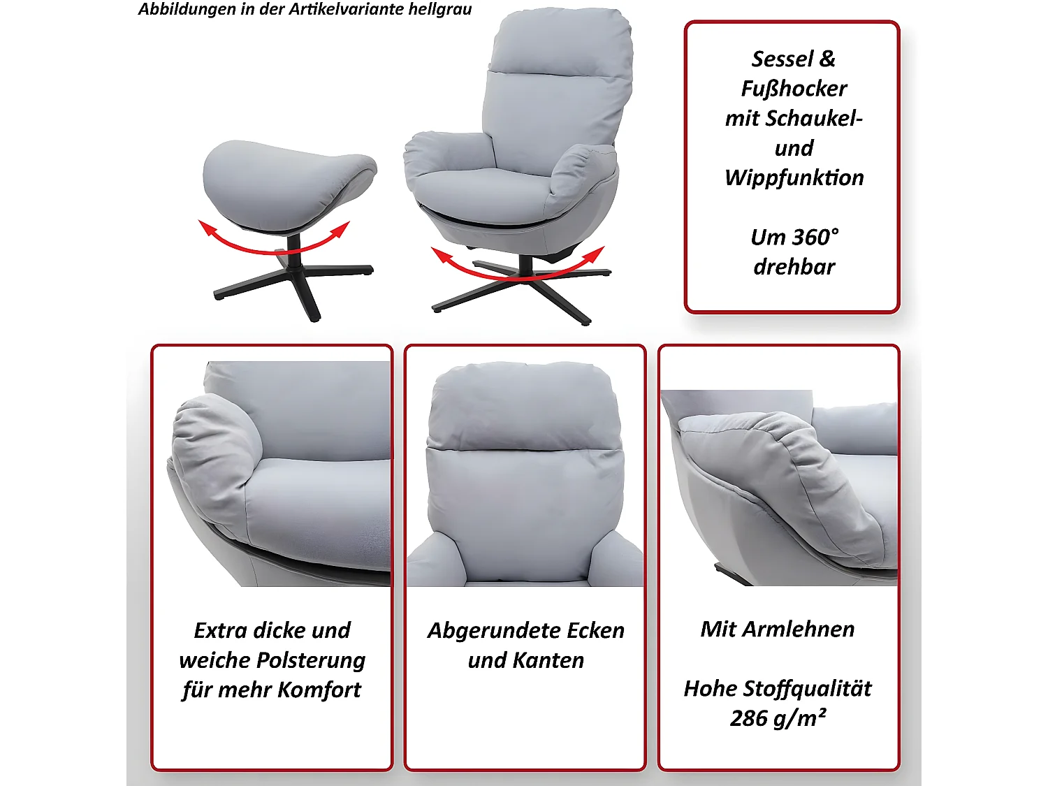 Fauteuil relax + pouf MCW-L12 pivotant,  gris clair