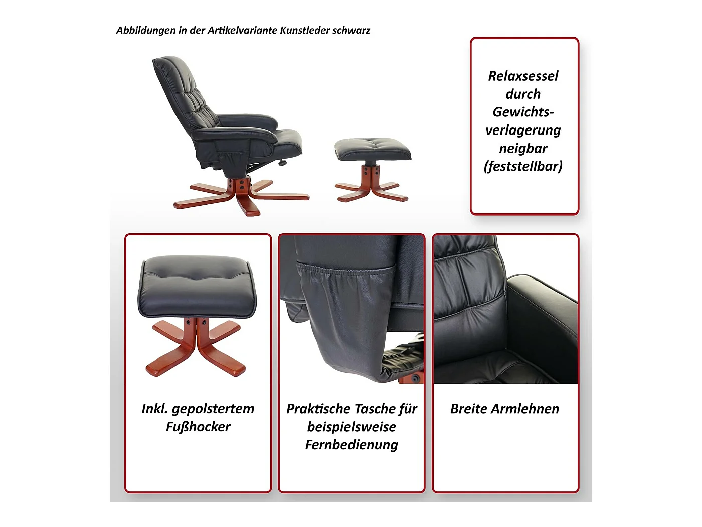 Relaxfauteuil MCW-E30 met voetenbank,  kunstleer zwart