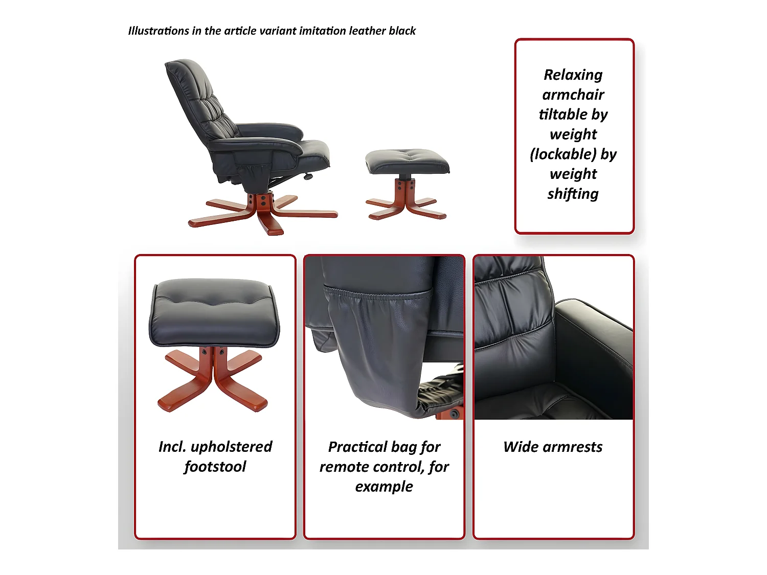 Relaxfauteuil MCW-E30 met voetenbank,  kunstleer zwart