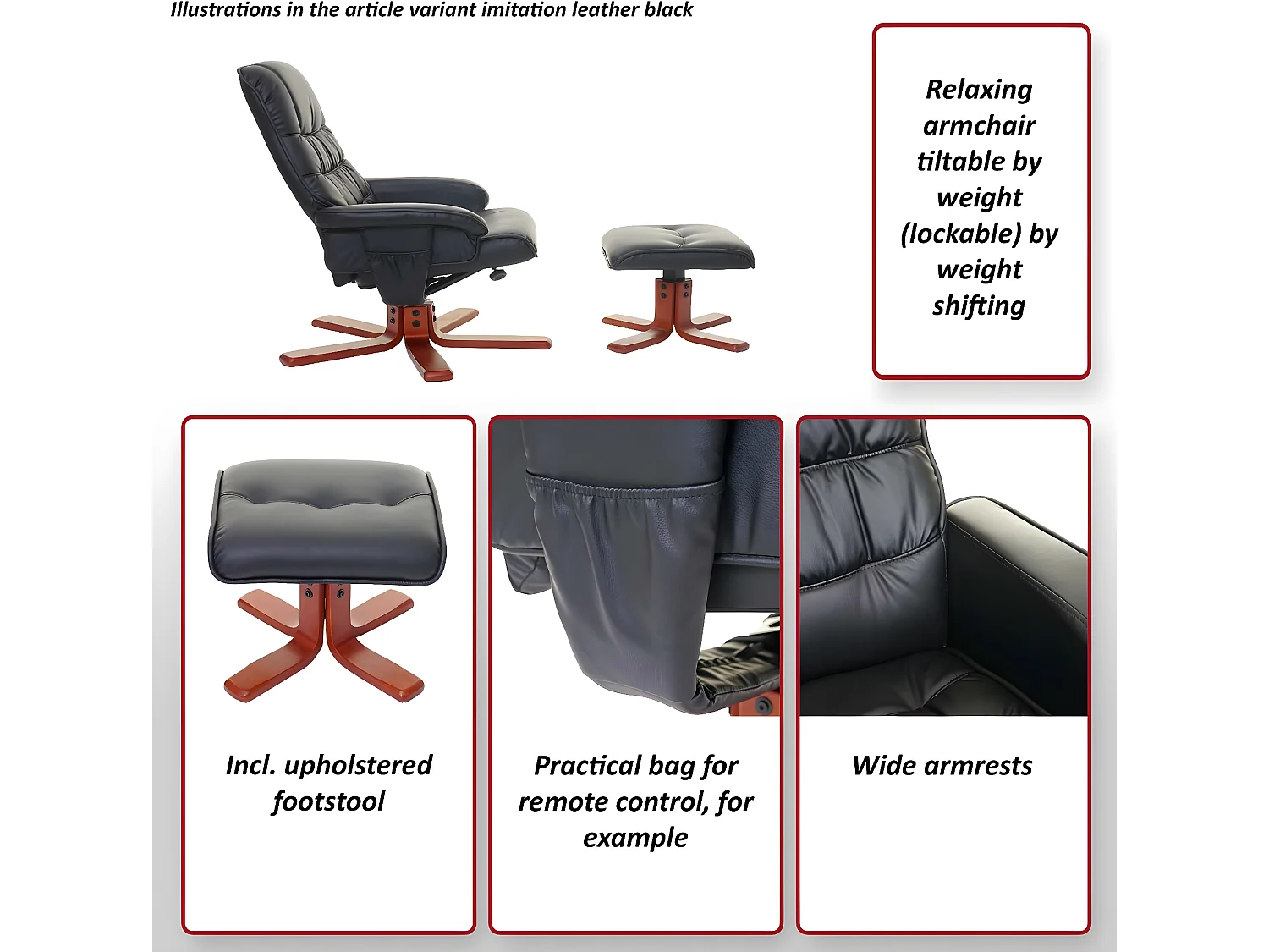 MCW-E30 sillón reclinable con taburete,  piel sintética negra