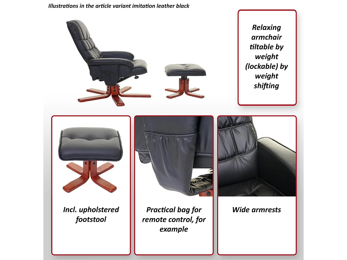 Fauteuil de relaxation MCW-E30 avec pouf,  similicuir noir