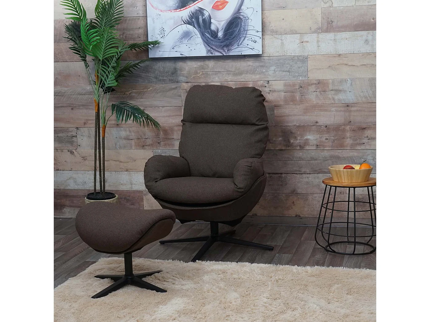 Fauteuil relax + pouf MCW-L12 pivotant,  marron