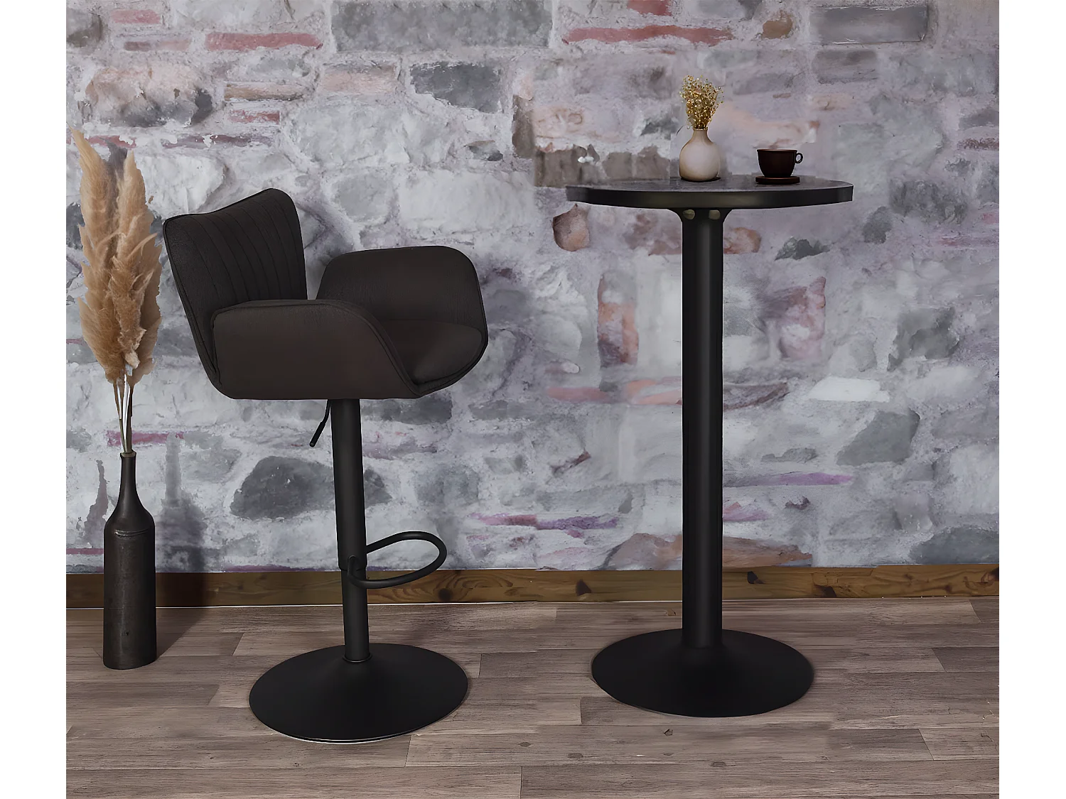 Tabouret de bar MCW-M67,  gris foncé pied noir