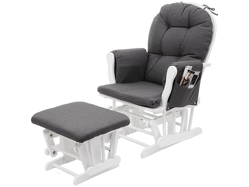 Poltrona a dondolo MCW-C76 legno della gomma tessuto con poggiapiedi bianco grigio scuro