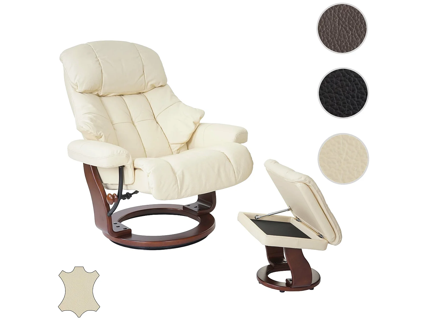 Relaxfauteuil Windsor XXL met voetenbank,  crème, walnoot look