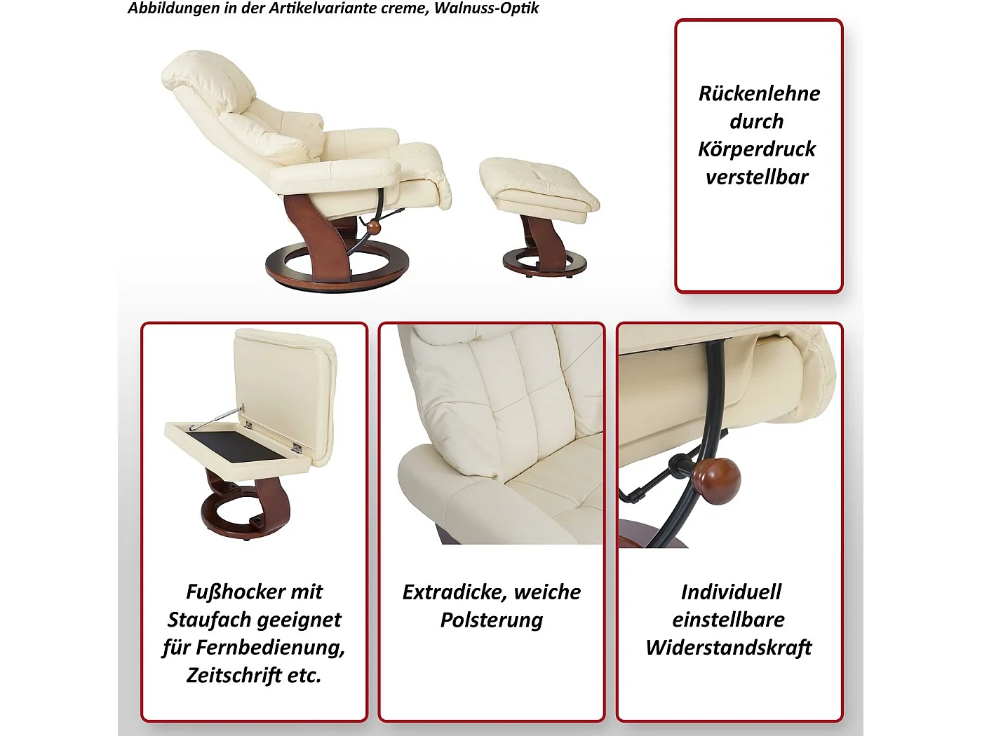Relaxfauteuil Windsor XXL met voetenbank,  crème, walnoot look