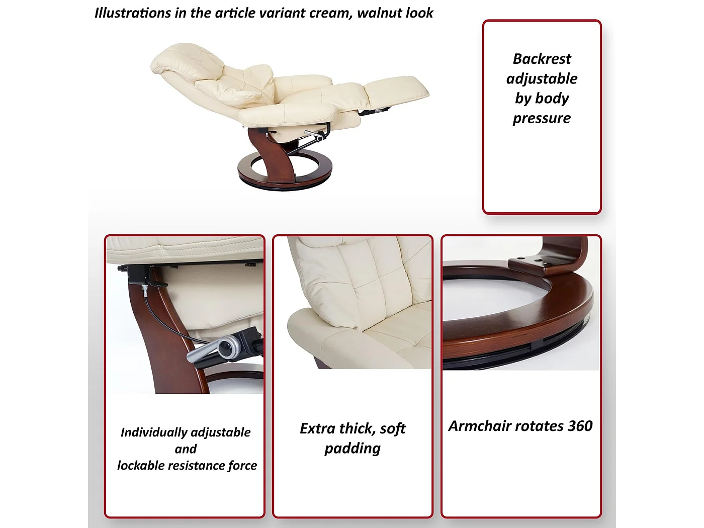 Relaxsessel Windsor 2, Creme, Walnuss-Optik