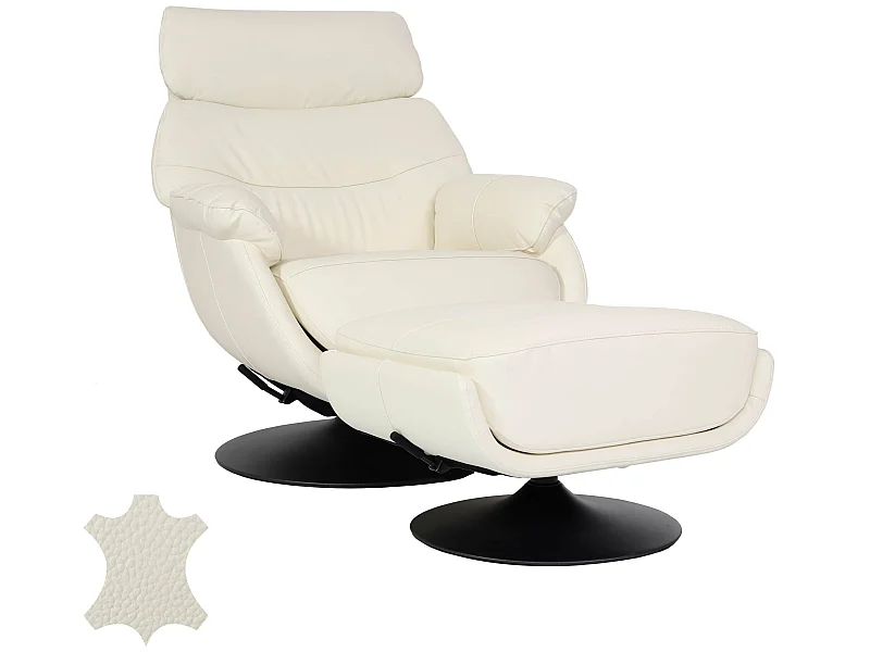 Poltrona relax con poggiapiedi MCW-K99, sedia TV, funzione dondolo girevole, metallo vera pelle/ecopelle ~ avorio bianco