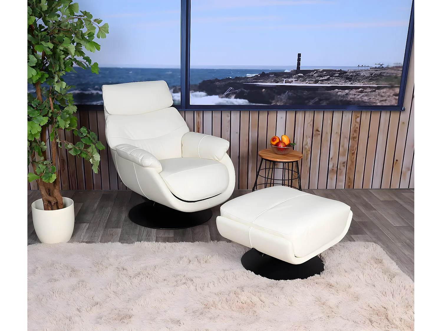 Relaxsessel mit Hocker MCW-K99, Creme-weiß