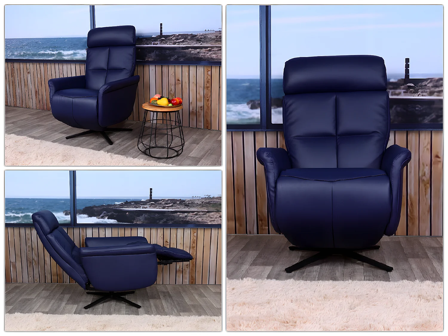 Poltrona reclinabile girevole lounge TV relax imbottita moderna MCW-L10 vera pelle blu