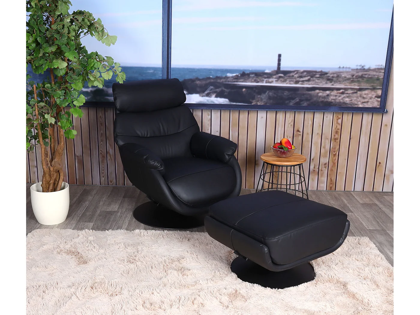 Poltrona relax con poggiapiedi MCW-K99, sedia TV, funzione dondolo girevole, metallo vera pelle/ecopelle ~ nero