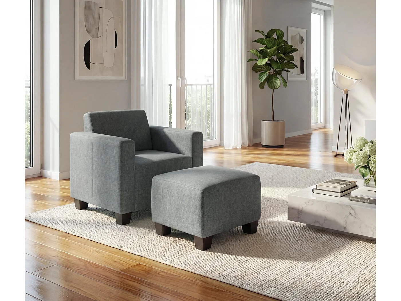 Moncalieri armchair with ottoman,  grey