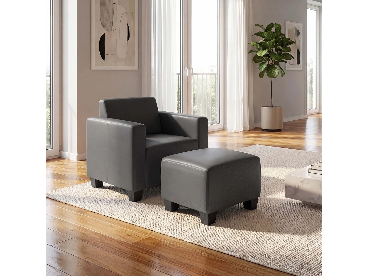 Salotto modulare componibile lounge moderno Lione N71 ecopelle poltrona con poggiapiedi ~ grigio scuro