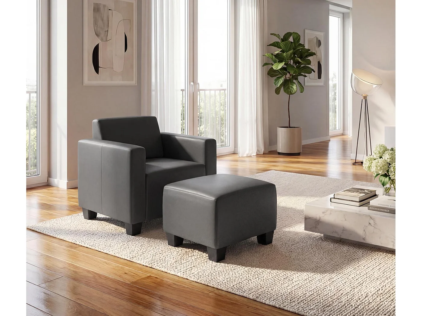 Salotto modulare componibile lounge moderno Lione N71 ecopelle poltrona con poggiapiedi ~ grigio scuro