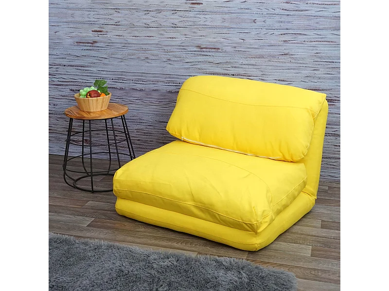 Poltrona letto pouf relax morbido imbottito MCW-E68 trasformabile tessuto giallo