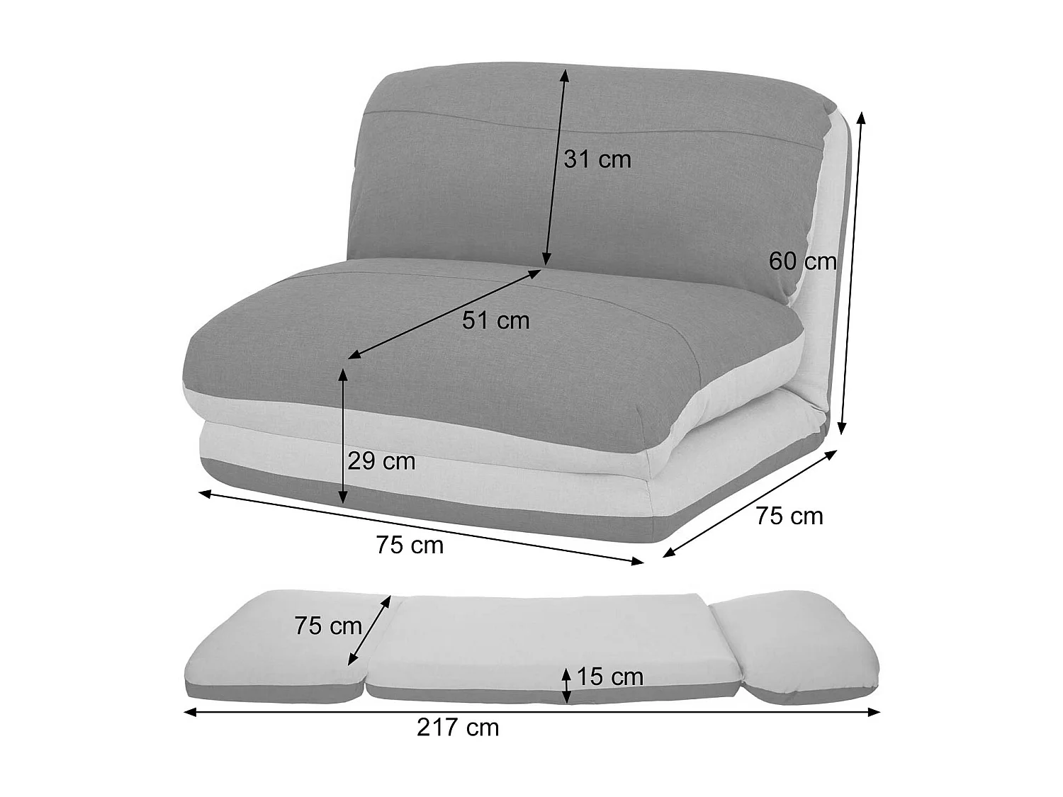 Poltrona letto pouf relax morbido imbottito MCW-E68 trasformabile tessuto grigio avorio