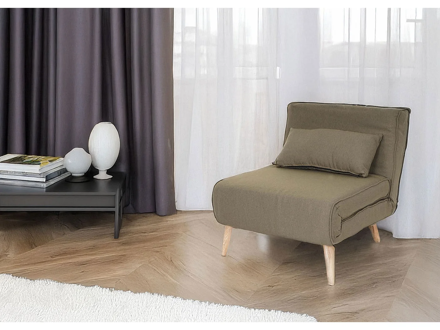 Poltrona letto relax MCW-D35 trasformabile morbida imbottita legno tessuto verde