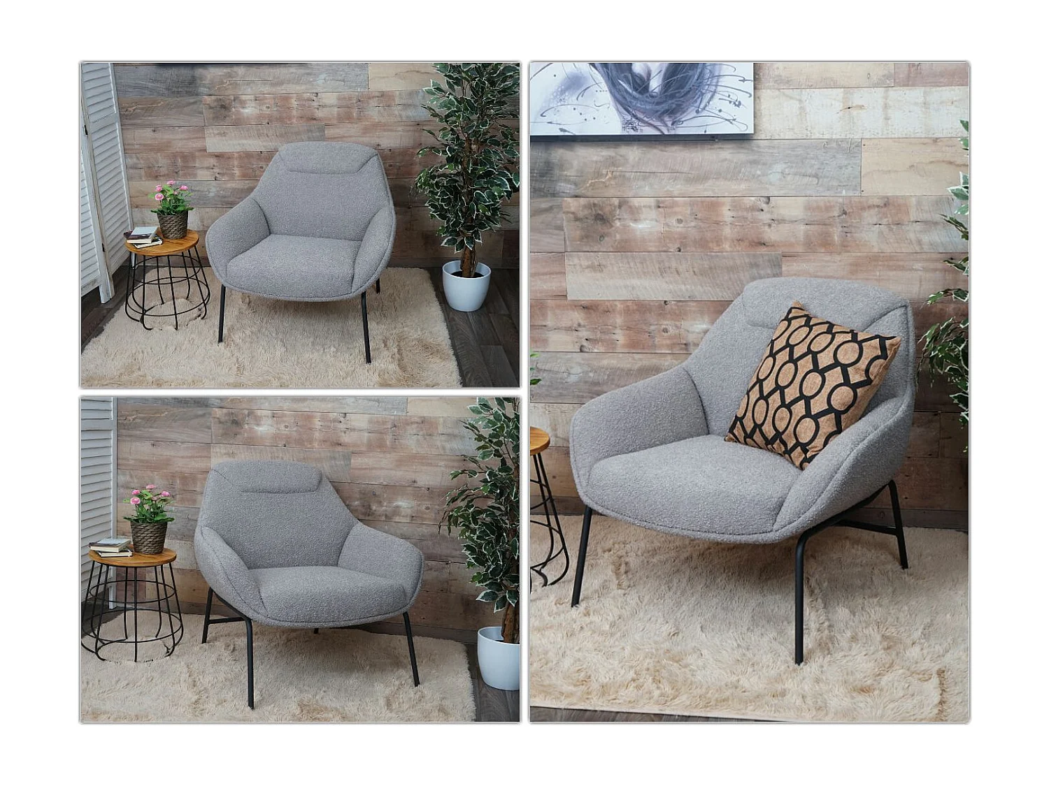 Poltrona sedia lounge MCW-J77 metallo tessuto bouclè ~ grigio chiaro