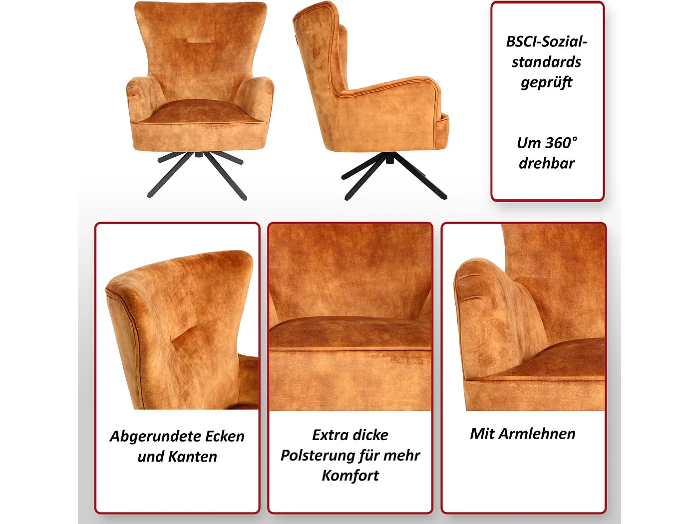 Poltrona lounge Vintage relax elegante girevole MCW-L63 velluto ~ arancione