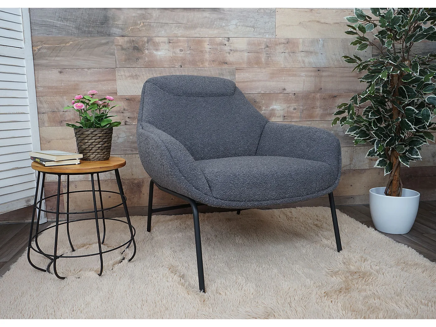 Poltrona sedia lounge MCW-J77 metallo tessuto bouclè grigio scuro