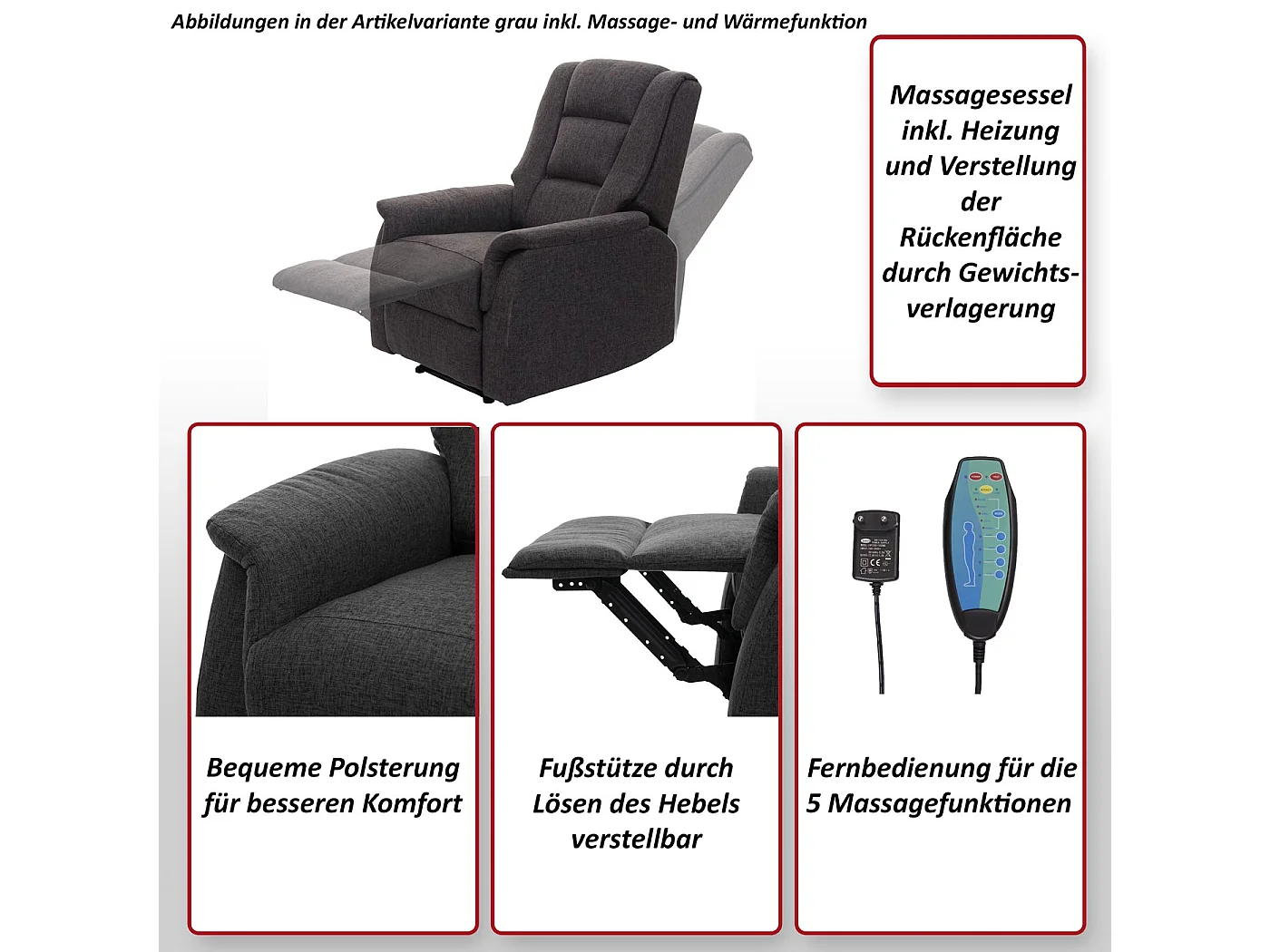 Relaxsessel MCW-F23, Grau inkl. Massage- und Wärmefunktion