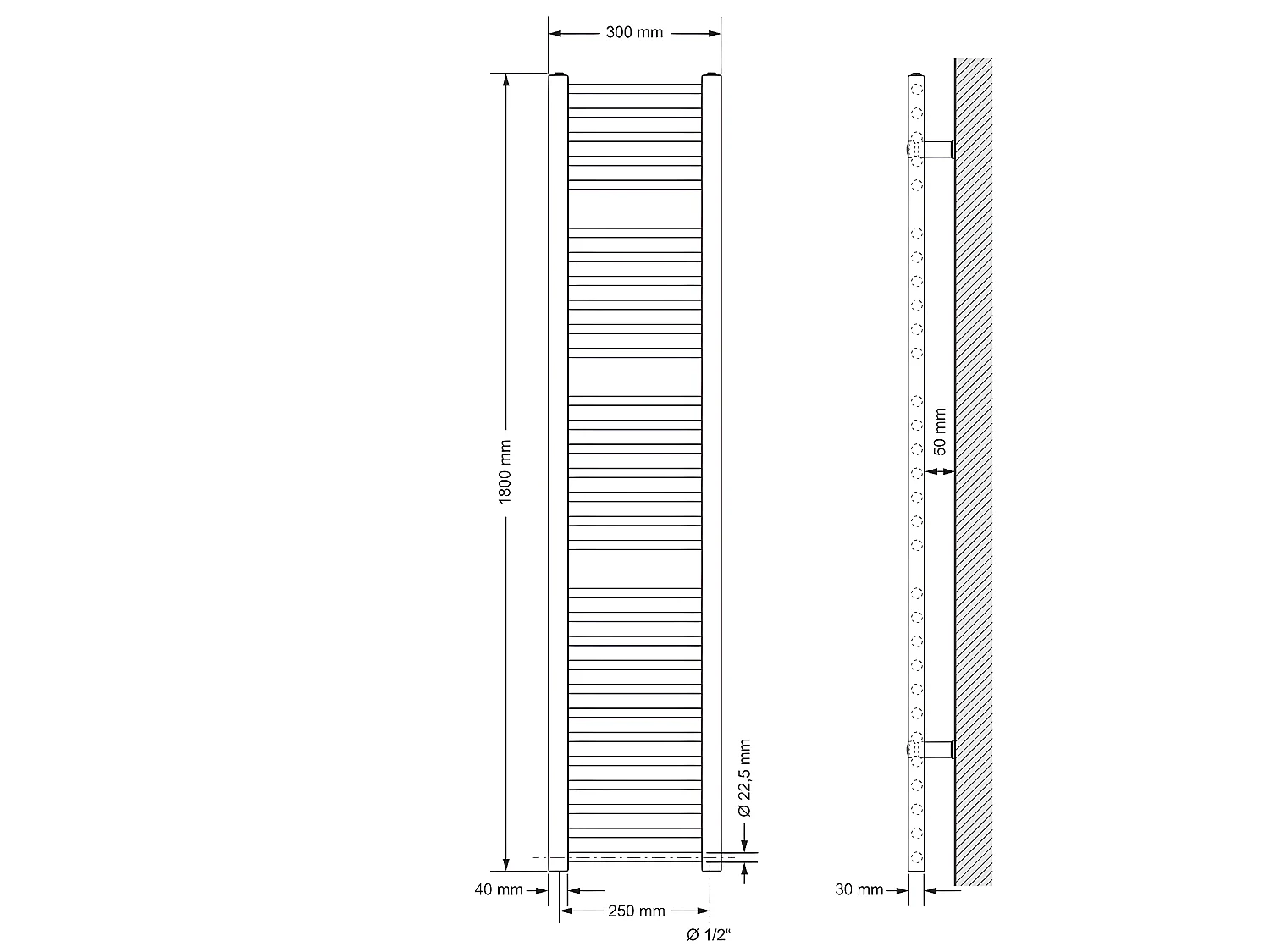 Radiador de baño 300x1800 mm negro mate con conexión lateral LuxeBath