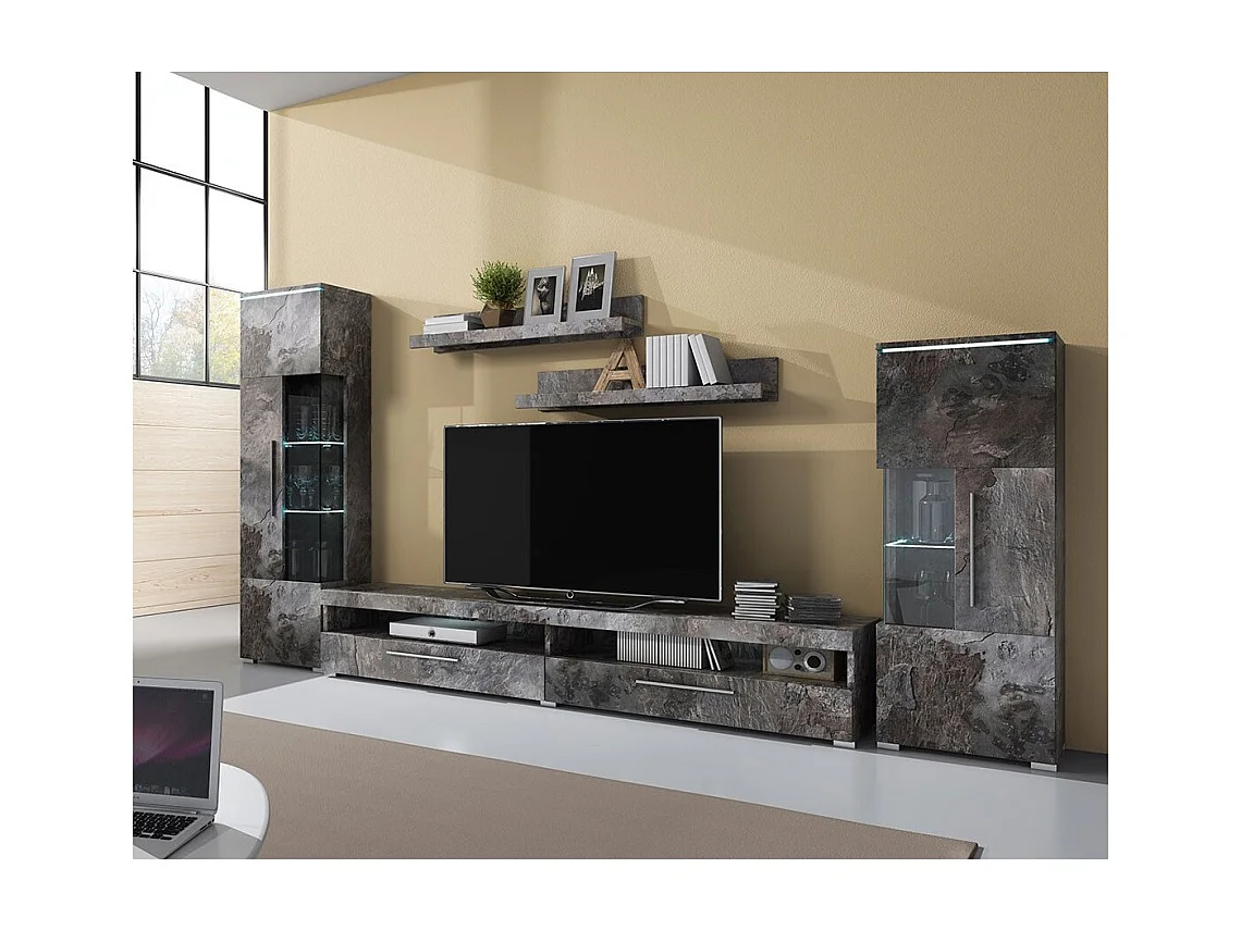 Composition de 5 meubles design pour salon coloris gris effet ardoise collection BOMBAY