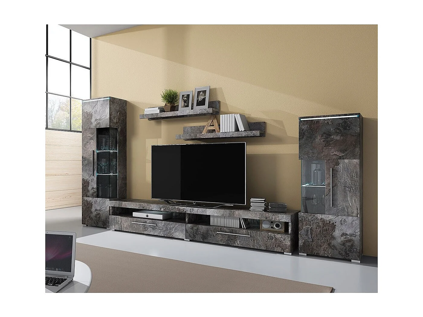 Composition de 5 meubles design pour salon coloris gris effet ardoise collection BOMBAY