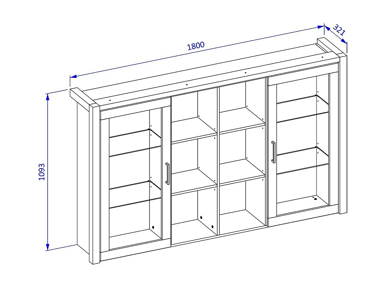 Kast collectie TIVORA. 2 deuren en 6 centrale vakken. Kleur eiken en zwart.