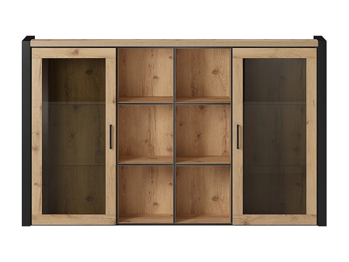 Kast collectie TIVORA. 2 deuren en 6 centrale vakken. Kleur eiken en zwart.