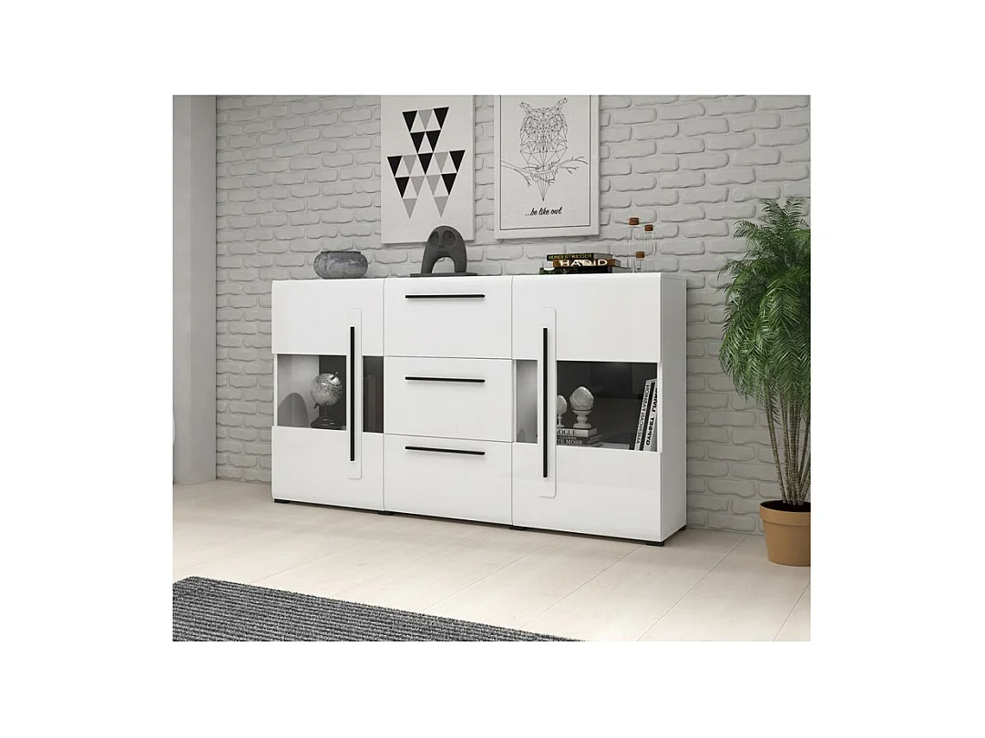 Buffet 180cm collectie BREDA met twee gedeeltelijk glazen deuren en drie laden. Kleur wit.