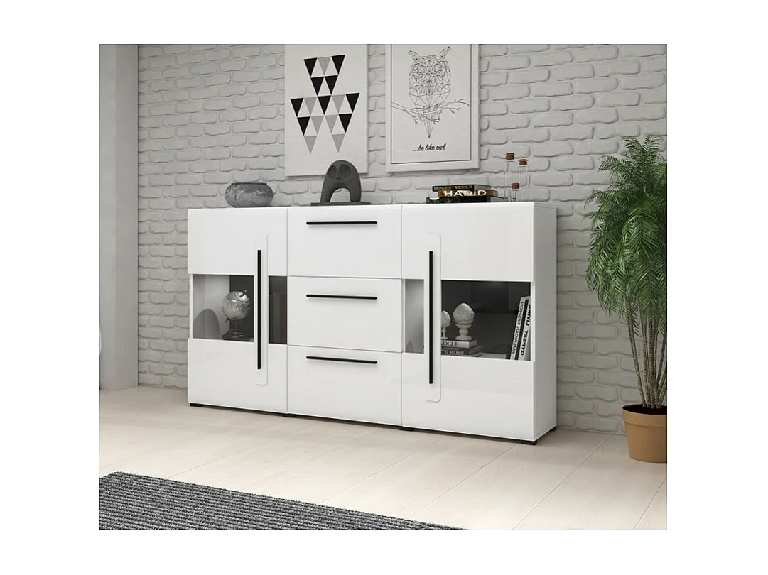 Buffet 180cm collection BREDA deux portes partiellement vitrées et trois tiroirs. Coloris blanc