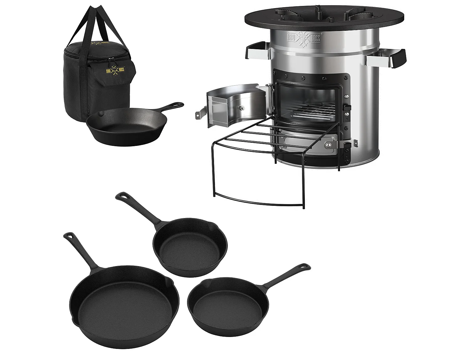 Four à fusée BBQ avec poêle en fonte grill acier noir camping +sac de transport